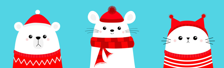 Merry Christmas. Polar white bear cub Mouse Cat head face wearing red Santa hat knitted ugly sweater, hat, scarf. Cute cartoon kawaii baby character. Arctic animal. Flat design. Winter background