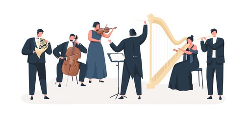 Symphony orchestra flat vector illustration. Professional musicians playing musical instruments on stage with conductor. Classical music concert. Violin, cello, clarinet, harp and french horn players.