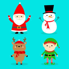 Santa Claus Reindeer Snowman Elf Deer set. Merry Christmas. Happy New Year. Red green black hat, scarf. Cute cartoon funny kawaii baby character. Greeting card. Flat design. Blue background.