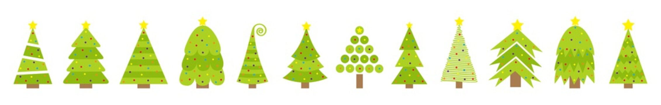 Merry Christmas Fir tree icon line set. Round ball light bulb. Yellow star. Cute cartoon green different triangle simple shape form. White background. Isolated. Flat design.