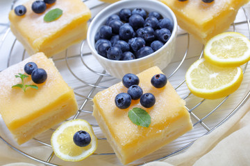 Lemon curd bars on a wire rack