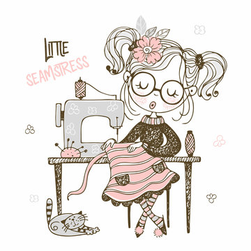 Cute girl seamstress sews on a sewing machine dress. Doodle style. Vector