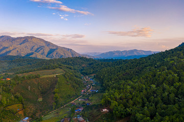 Fototapeta na wymiar Aerial landscape with sunrise in the morning located in Maehongsan province, Thailand.