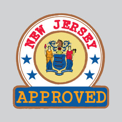 Vector Stamp of Approved logo with New Jersey flag in the round shape on the center. The states of America.