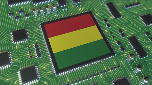 National flag of Bolivia on the operating chipset. Bolivian information technology or hardware development related conceptual 3D animation