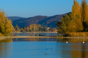 A beautiful autumn day exactly at the interface between Lake Constance and the river Rhine that begins here.