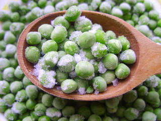 Natural background of many fresh organic green peas. Frozen green peas.