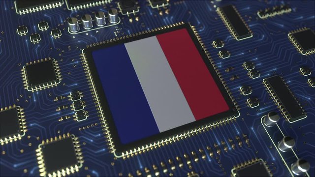 National flag of France on the operating chipset. French information technology or hardware development related conceptual 3D animation