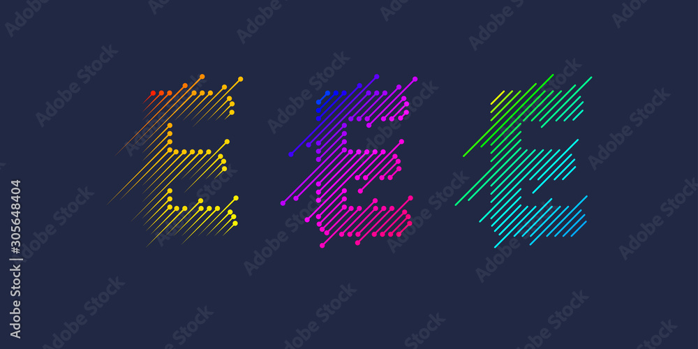 Poster several variants of one letter e of the latin alphabet. dynamic sign in bright color and consisting 