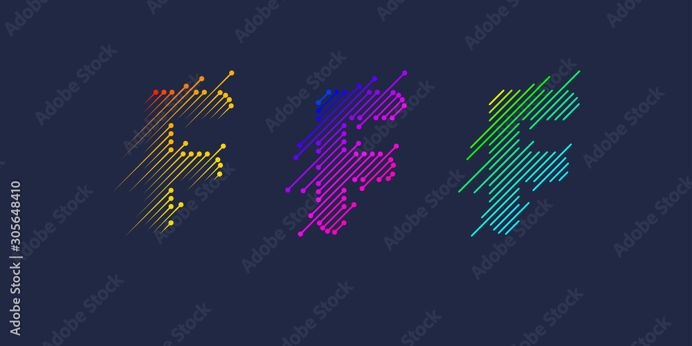 Poster several variants of one letter f of the latin alphabet. dynamic sign in bright color and consisting 