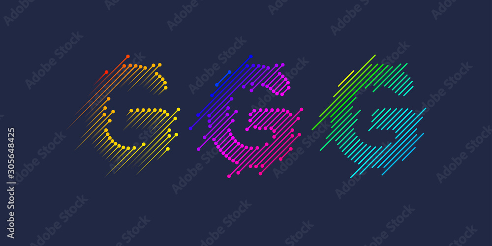 Poster several variants of one letter g of the latin alphabet. dynamic sign in bright color and consisting 