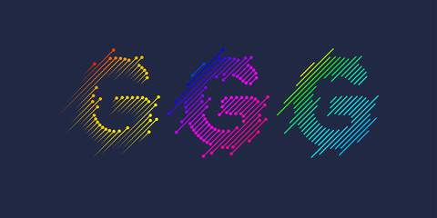 Several variants of one letter G of the Latin alphabet. Dynamic sign in bright color and consisting of lines.