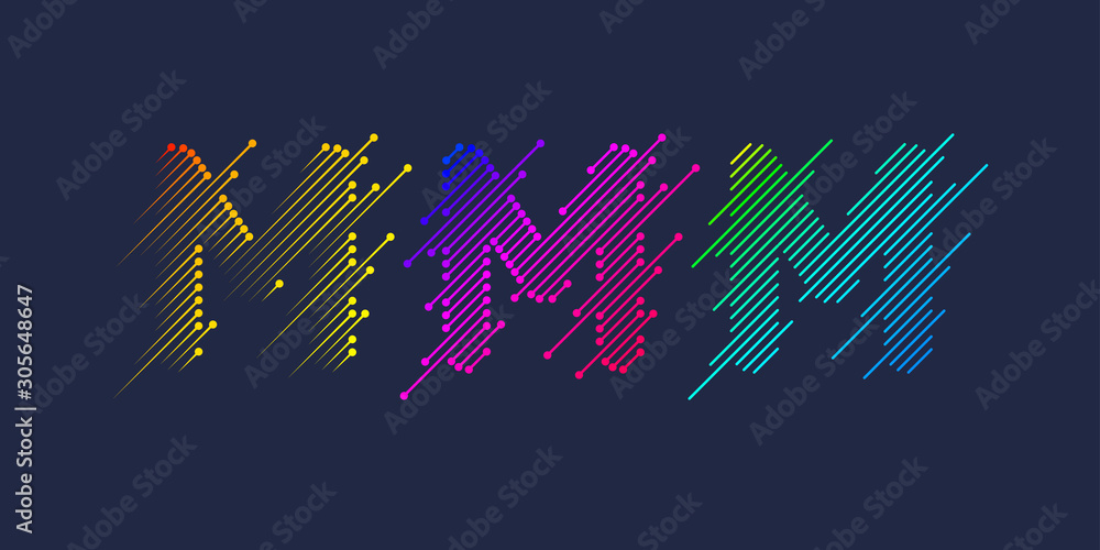Poster several variants of one letter m of the latin alphabet. dynamic sign in bright color and consisting 