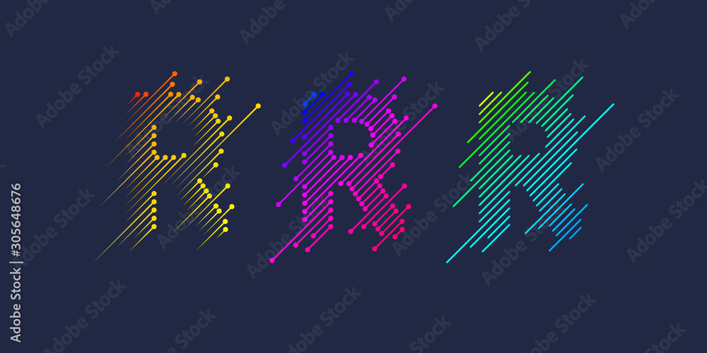 Poster several variants of one letter r of the latin alphabet. dynamic sign in bright color and consisting 