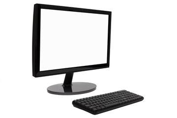 Modern flat screen computer monitor. Computer display isolated on white background, mock up devices in interior, Desktop computer and keyboard and mouse on white, White blank Monitor screen.