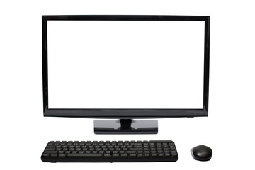 Modern flat screen computer monitor. Computer display isolated on white background, mock up devices in interior, Desktop computer and keyboard and mouse on white, White blank Monitor screen.