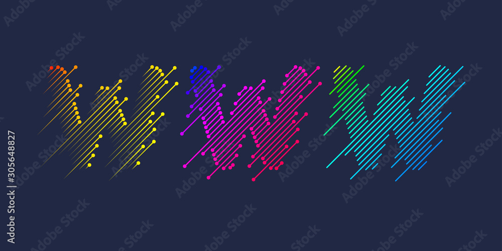 Poster several variants of one letter w of the latin alphabet. dynamic sign in bright color and consisting 
