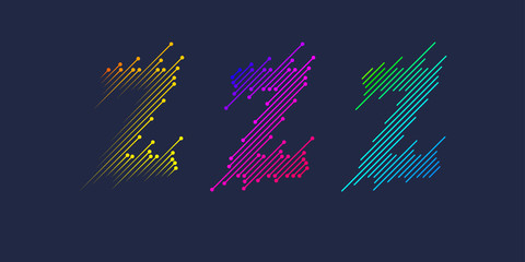 Several variants of one letter Z of the Latin alphabet. Dynamic sign in bright color and consisting of lines.