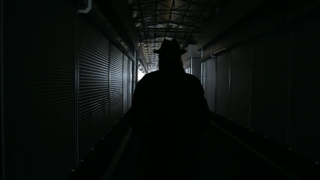 silhouette of a man in a coat and hat is on a dark tunnel with a light at the end of it