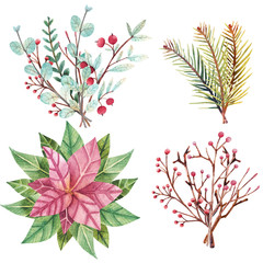 Watercolor set of bouquets. Christmas hand-drawn composition with winter floral for stickers, scrapbooking, card design and other purposes.