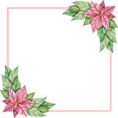 Watercolor Christmas frame. Hand-drawn Christmas border with winter poinsettia for invitation, greeting cards, design and other purposes. 