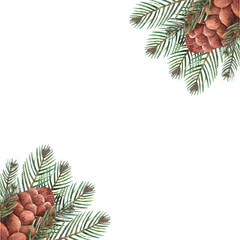 Watercolor Christmas frame. Hand-drawn Christmas border with pine branches and pine cone for invitation, greeting cards, design and other purposes. 