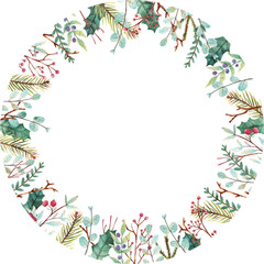 Watercolor Christmas frame. Hand-drawn Christmas border with winter plants for invitation, greeting cards, design and other purposes. 