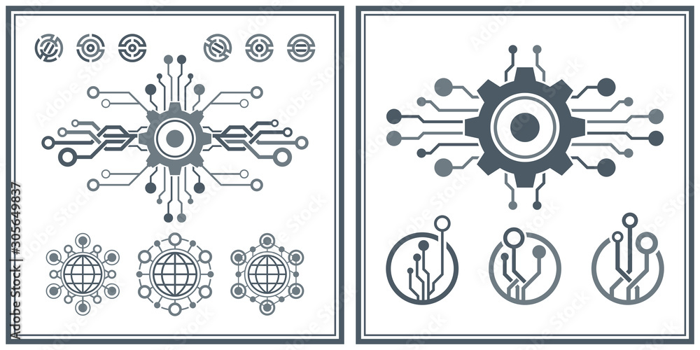 Poster set of abstract technological conception symbols. vector technology background.