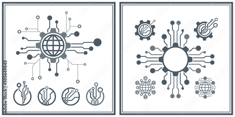 Poster set of abstract technological conception symbols. vector technology background.