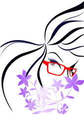 女性の顔、ヘアースタイル、眼鏡、フラワー