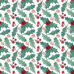 Christmas botanical watercolor. Seamless pattern with poinsettia, holly and berries for postcards, scrapbooking, wrapping paper, fabrics and more. Bright Christmas background.