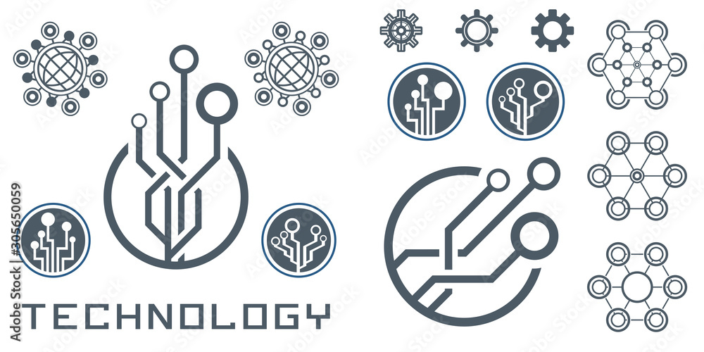 Aufkleber set of abstract technological conception symbols. vector technology background.