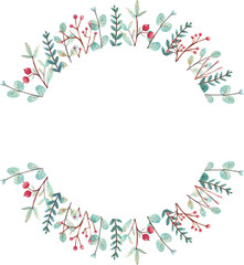 Watercolor Christmas frame. Hand-drawn Christmas wreath with winter plants for invitation, greeting cards, blog design and other purposes. 