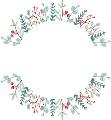 Watercolor Christmas frame. Hand-drawn Christmas wreath with winter plants for invitation, greeting cards, blog design and other purposes. 