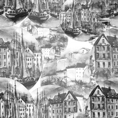 Obraz premium Watercolor landscape of the old city. Art illustration, seamless background. Vintage, monochrome drawing, abstract splash of paint, silhouettes of houses, buildings. Stylish drawing of the city