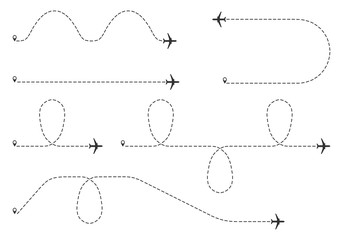 Airplane dotted path, aircraft tracking, trace or road. Plane and its track on white background. Airplane line path vector icon.