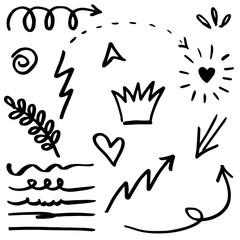 Hand drawn set elements, black on white background. Arrow, heart, love, speech bubble, star, leaf, sun,light,check marks ,crown, king, queen,Swishes, swoops, emphasis ,swirl, heart, for concept