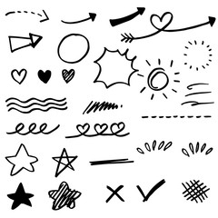 Hand drawn set elements, black on white background. Arrow, heart, love, speech bubble, star, leaf, sun,light,check marks ,crown, king, queen,Swishes, swoops, emphasis ,swirl, heart, for concept