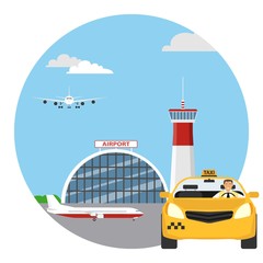 Airport transfer. Taxi provides passenger transfer to the airport. Vector illustration of tourism concept.