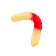 Jelly worms or snakes candies on a white background isolation