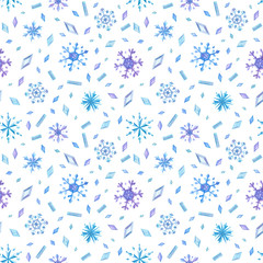 Icy crystals and snowflakes hand drawn seamless pattern. Ice flakes and gems color drawing. Winter attributes texture. Creative wallpaper, wrapping paper, fabric, textile design