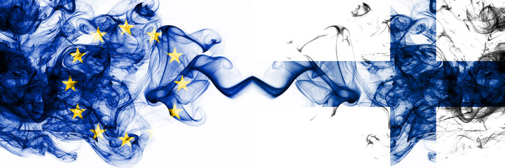 Eu, European Union vs Finland, FInnish smoky mystic flags placed side by side. Thick colored silky abstract smoke flags combination - obrazy, fototapety, plakaty