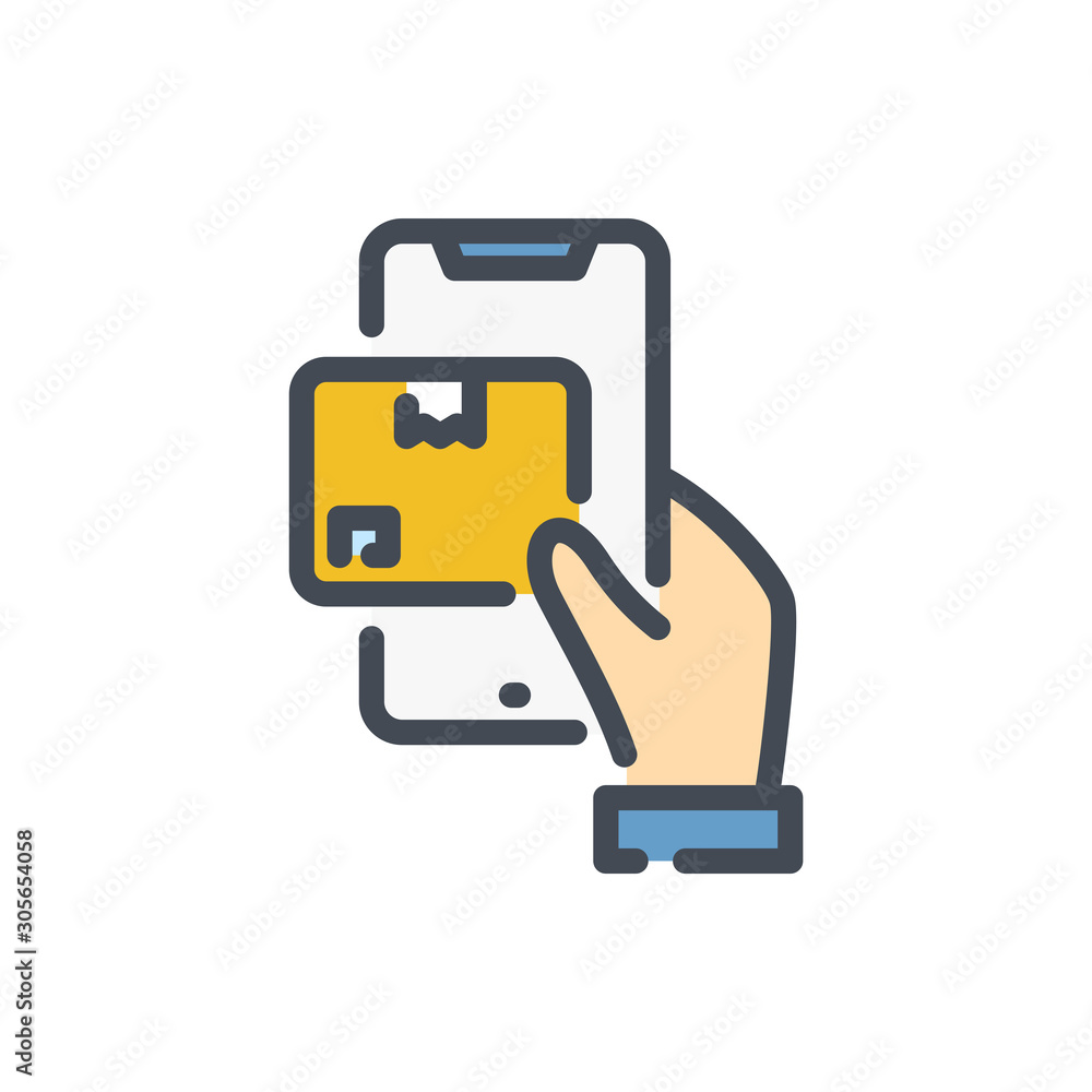 Poster online delivery application color line icon. mobile phone with box on display and hand vector outlin