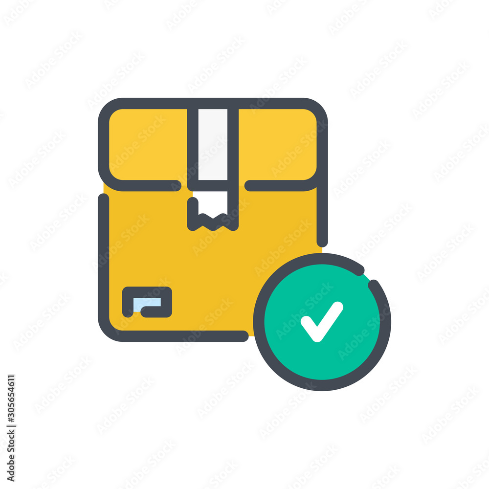 Poster parcel, delivery box with check mark color line icon. cardboard box with tick vector outline colorfu