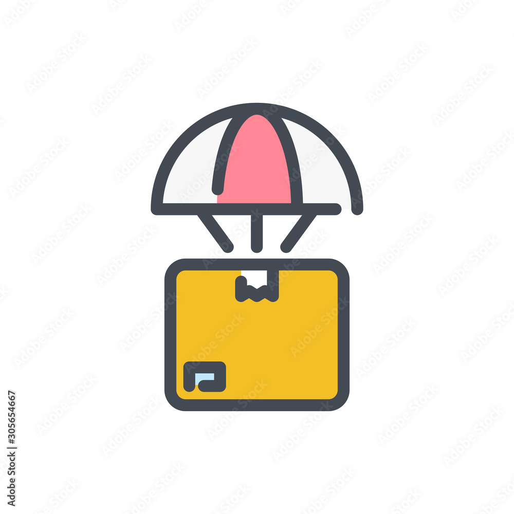 Poster drop shipping service color line icon. delivery box with parachute vector outline colorful sign.