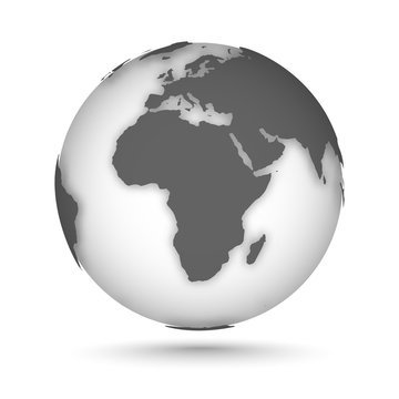 Globe icon gray on white with smooth vector shadows and map of the continents of the world. Africa, Europe, Asia