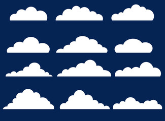  White clouds on a blue background. Icons for advertising and banner. Vector. Modern.