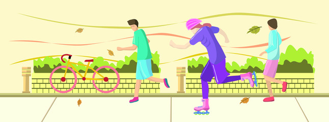 Woman play roller inline skate with two men run with background public park which have dry leaf blow from wind ,Vector illustration