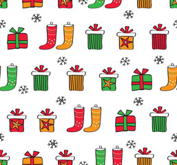 Winter seamless pattern with hand drawn colorful Christmas present boxes. Background for gift wraps, textiles, wallpapers and scrapbook. Vector.