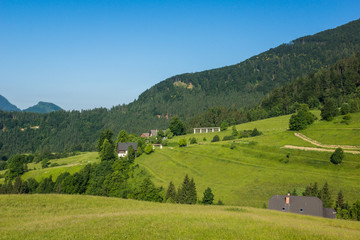 Fototapeta na wymiar Mountain village Zgornja Sorica in Julian Alps, Slovenia